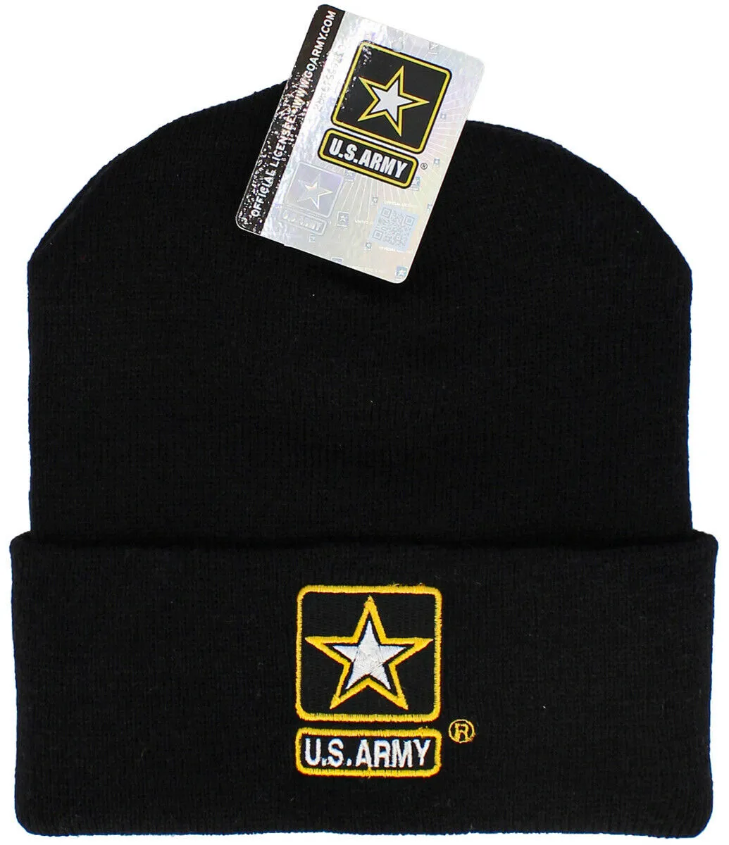 ARMY BLACK BEANIE WATCH CAP COLD WEATHER KNIT HAT USA MADE ARMY STAR LOGO