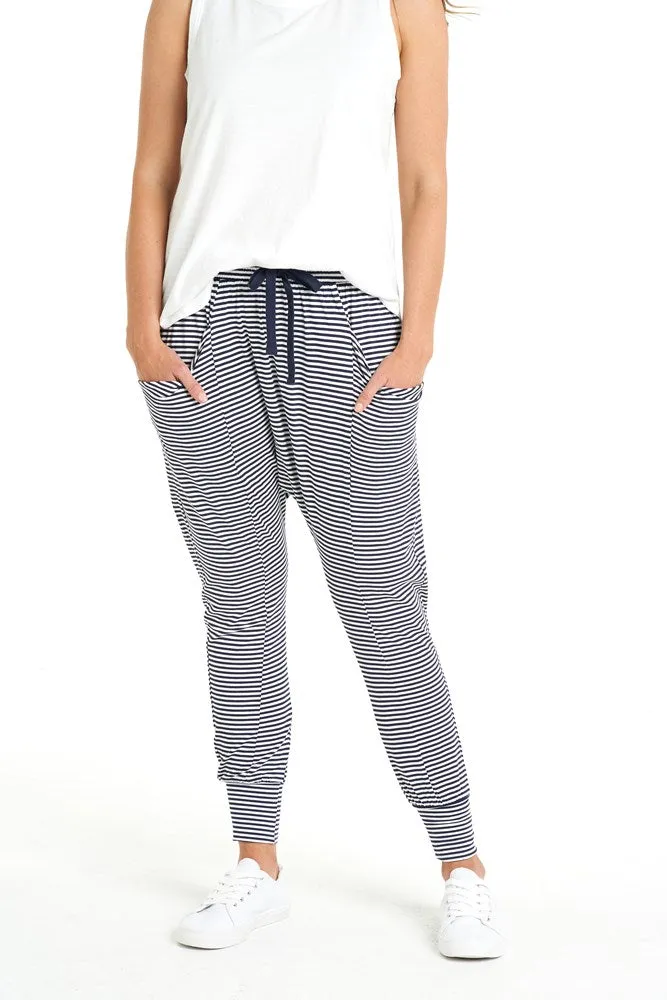 Barcelona Stretchy Relaxed Draped Jogger Pant - Navy Blue/White Stripe