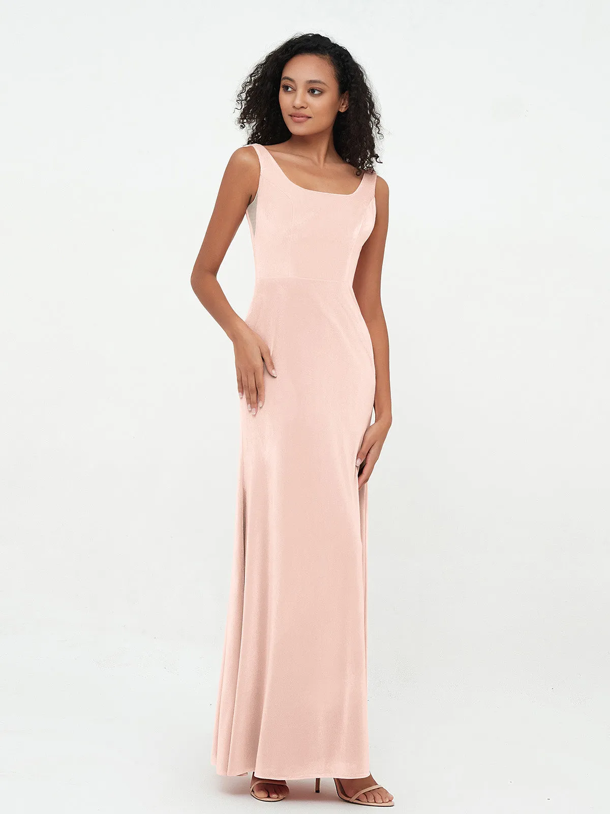 Bateau Neck Mermaid Long Velvet Dresses Pearl Pink