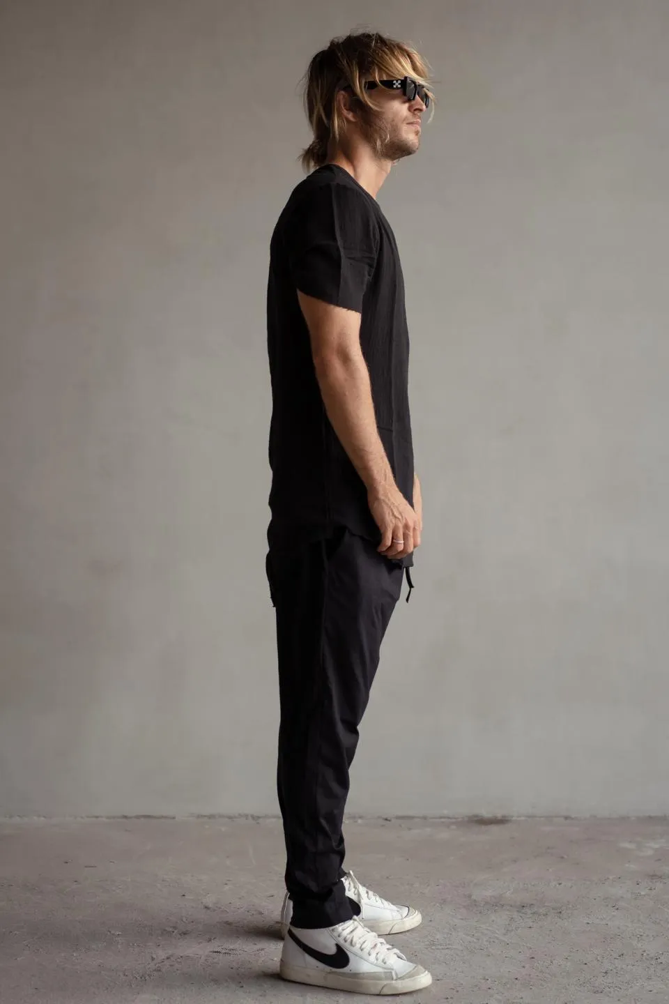 BLACK COTTON DROP CROTCH PANTS