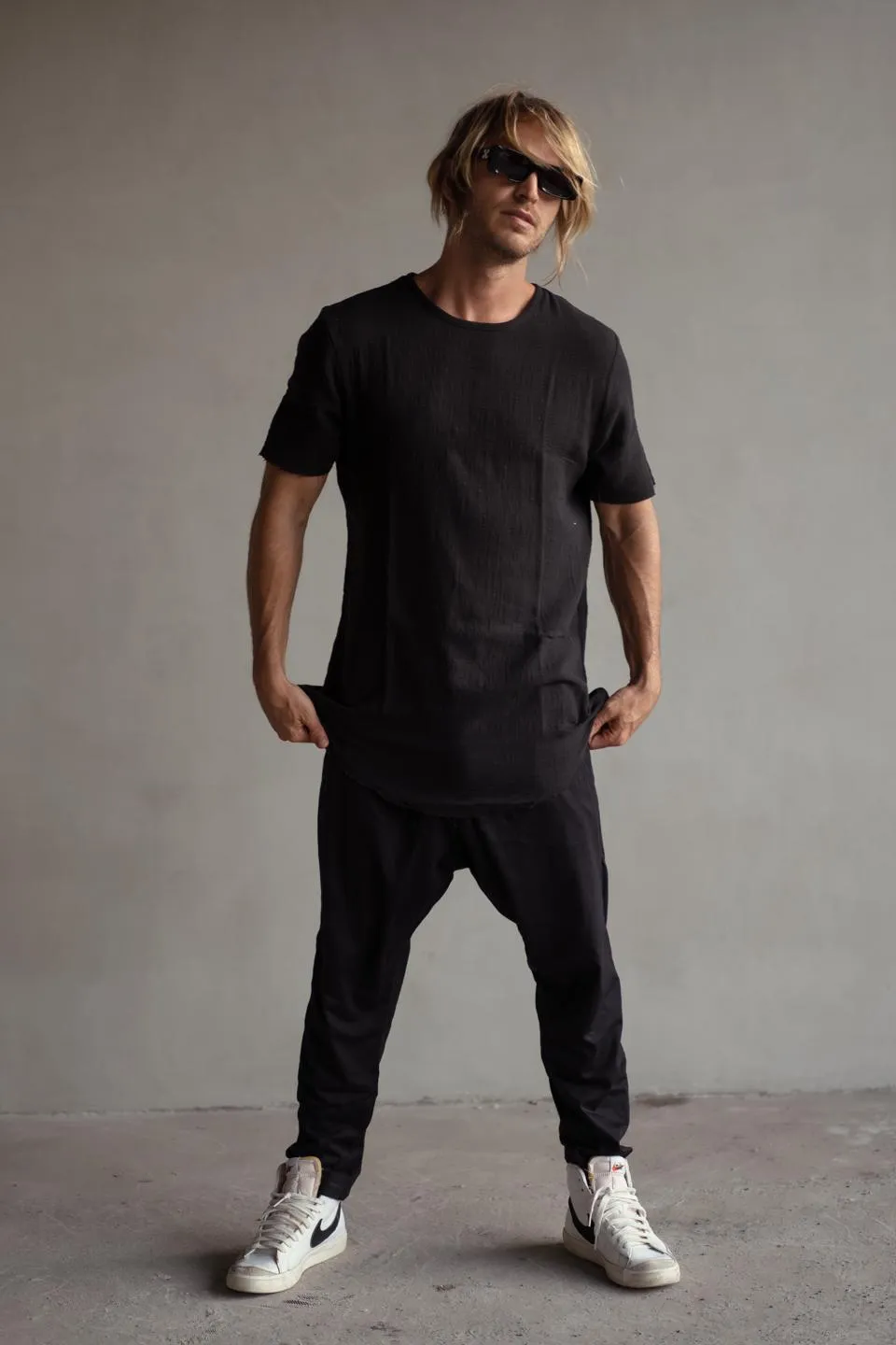 BLACK COTTON DROP CROTCH PANTS