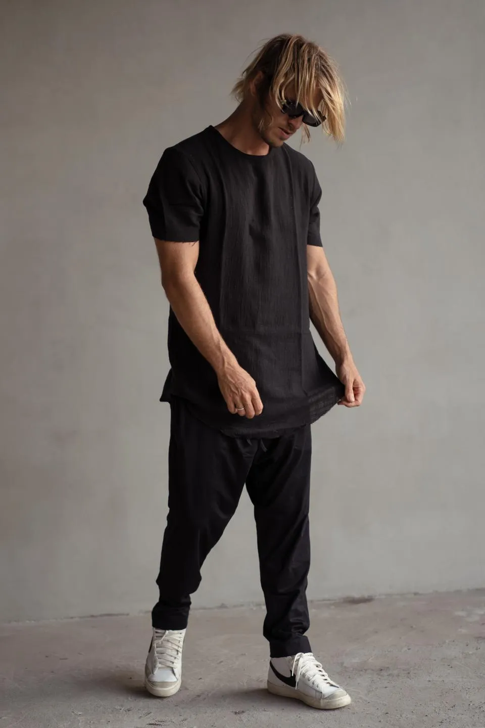 BLACK COTTON DROP CROTCH PANTS