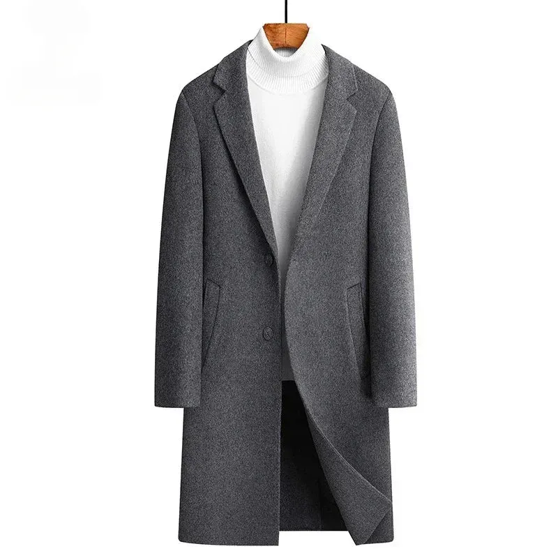 Doppelseitiger Wollmantel aus 100 % Wolle, mittlere und lange Winterwolljacke für Herren mittleren Alters und junger Trenchcoat aus Wolle