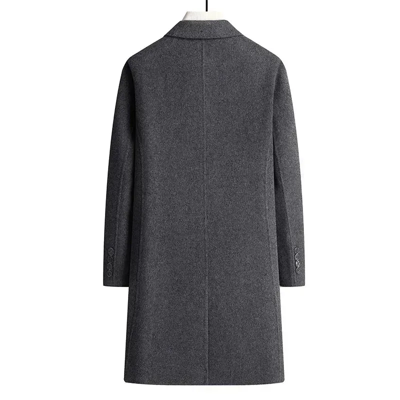 Doppelseitiger Wollmantel aus 100 % Wolle, mittlere und lange Winterwolljacke für Herren mittleren Alters und junger Trenchcoat aus Wolle