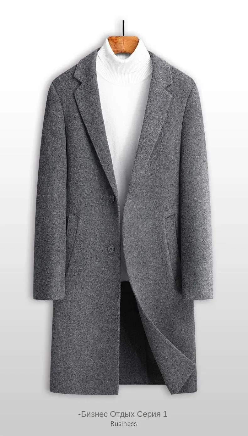 Doppelseitiger Wollmantel aus 100 % Wolle, mittlere und lange Winterwolljacke für Herren mittleren Alters und junger Trenchcoat aus Wolle