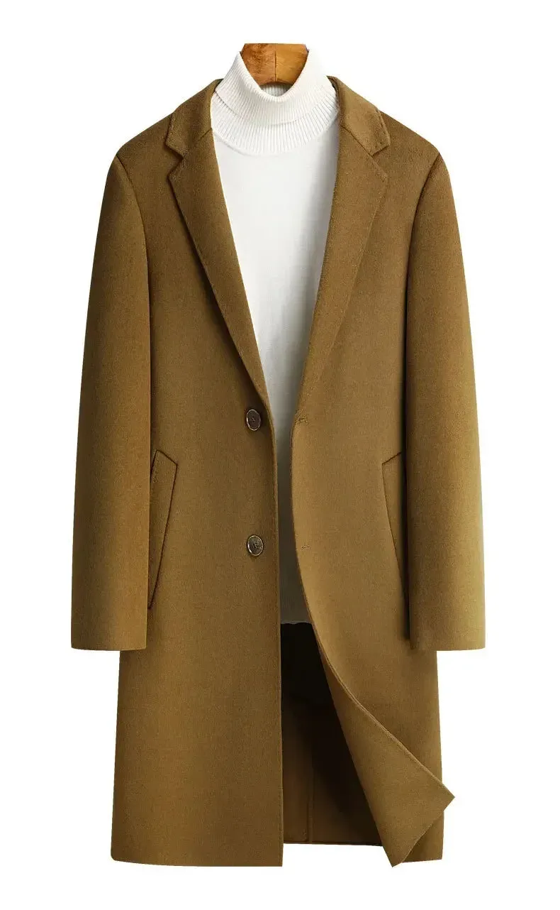 Doppelseitiger Wollmantel aus 100 % Wolle, mittlere und lange Winterwolljacke für Herren mittleren Alters und junger Trenchcoat aus Wolle