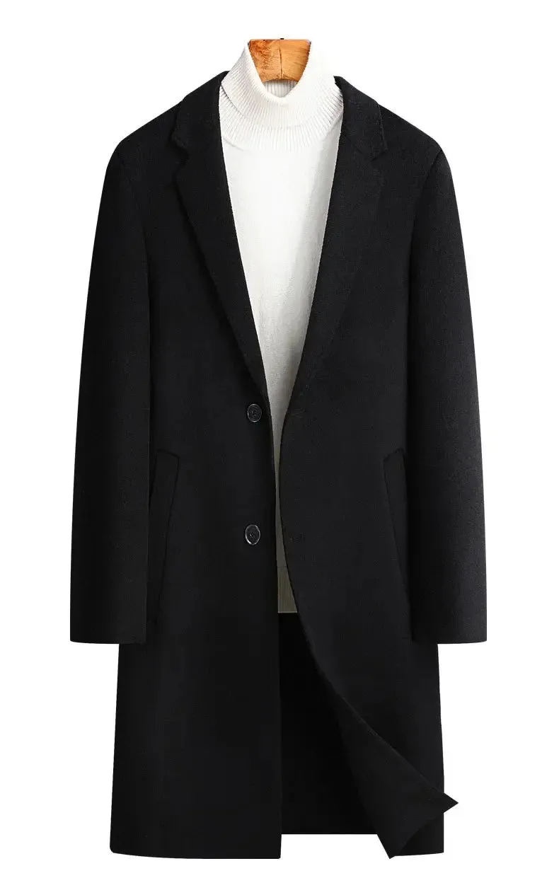 Doppelseitiger Wollmantel aus 100 % Wolle, mittlere und lange Winterwolljacke für Herren mittleren Alters und junger Trenchcoat aus Wolle