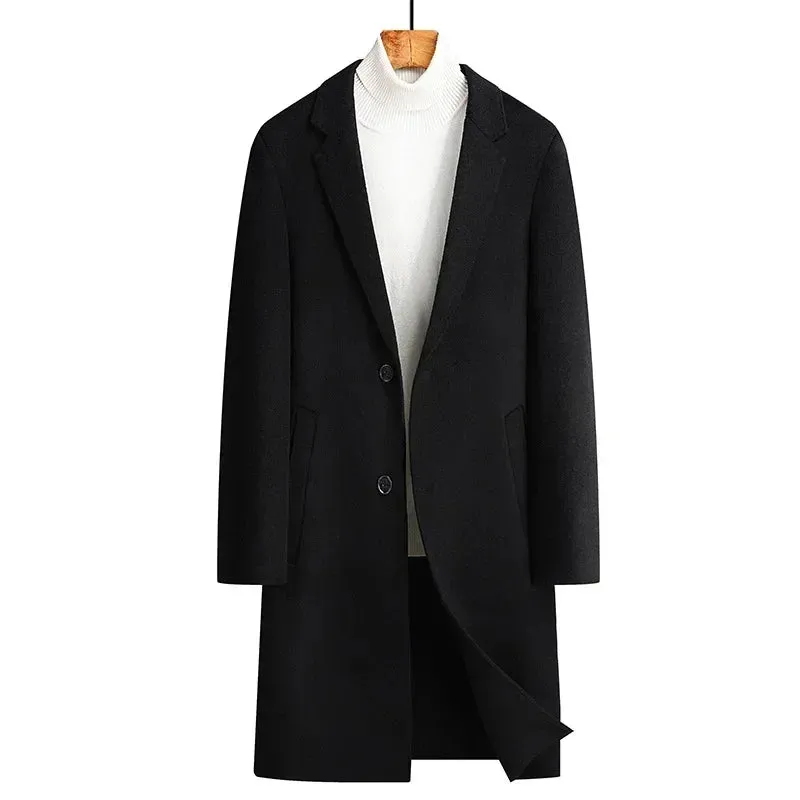 Doppelseitiger Wollmantel aus 100 % Wolle, mittlere und lange Winterwolljacke für Herren mittleren Alters und junger Trenchcoat aus Wolle