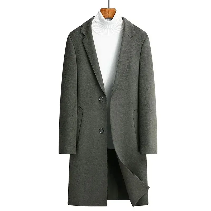 Doppelseitiger Wollmantel aus 100 % Wolle, mittlere und lange Winterwolljacke für Herren mittleren Alters und junger Trenchcoat aus Wolle