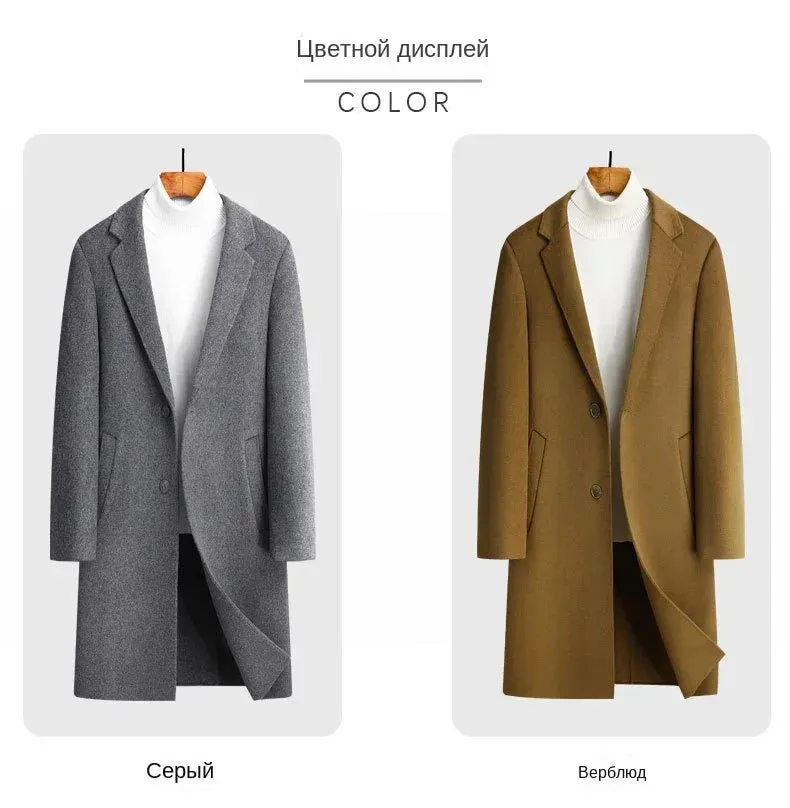 Doppelseitiger Wollmantel aus 100 % Wolle, mittlere und lange Winterwolljacke für Herren mittleren Alters und junger Trenchcoat aus Wolle