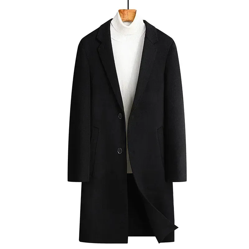 Doppelseitiger Wollmantel aus 100 % Wolle, mittlere und lange Winterwolljacke für Herren mittleren Alters und junger Trenchcoat aus Wolle