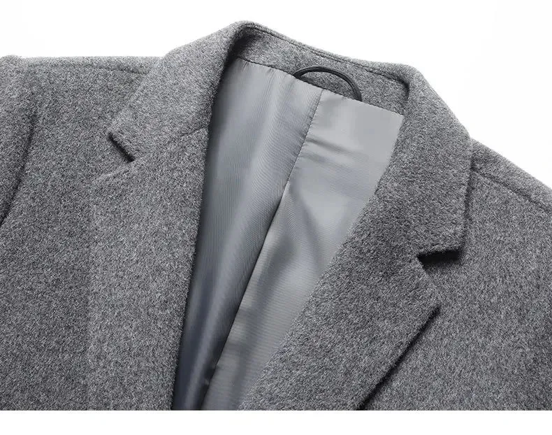 Doppelseitiger Wollmantel aus 100 % Wolle, mittlere und lange Winterwolljacke für Herren mittleren Alters und junger Trenchcoat aus Wolle