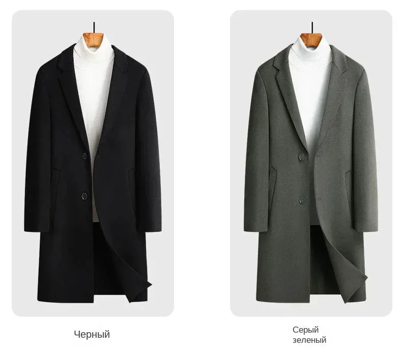 Doppelseitiger Wollmantel aus 100 % Wolle, mittlere und lange Winterwolljacke für Herren mittleren Alters und junger Trenchcoat aus Wolle