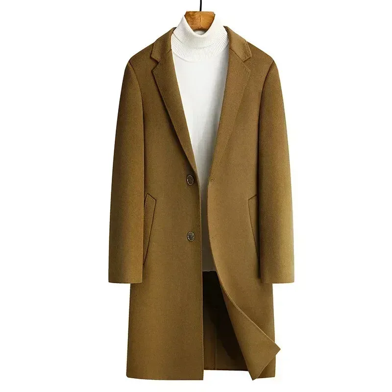 Doppelseitiger Wollmantel aus 100 % Wolle, mittlere und lange Winterwolljacke für Herren mittleren Alters und junger Trenchcoat aus Wolle