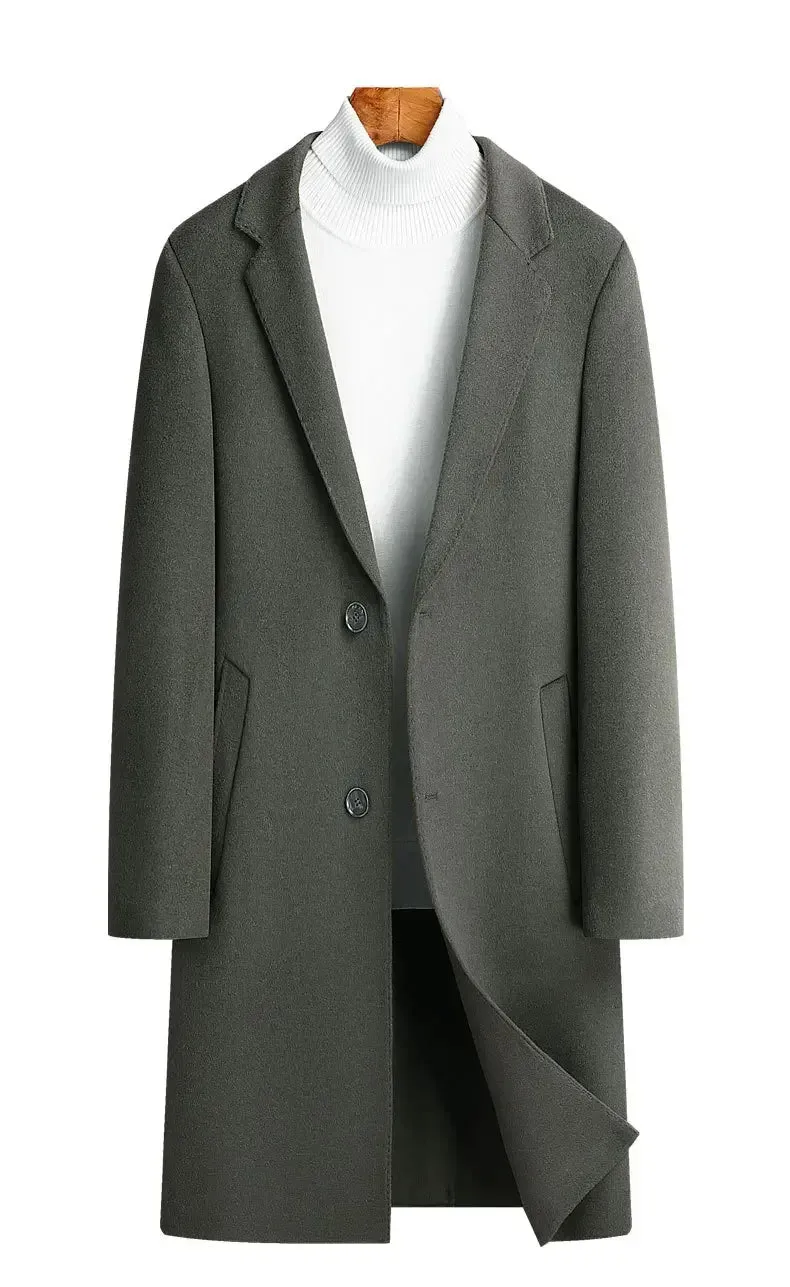 Doppelseitiger Wollmantel aus 100 % Wolle, mittlere und lange Winterwolljacke für Herren mittleren Alters und junger Trenchcoat aus Wolle
