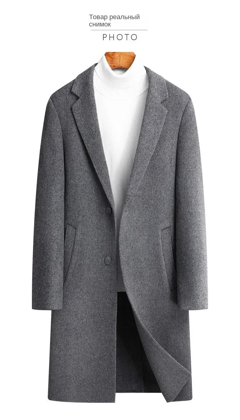 Doppelseitiger Wollmantel aus 100 % Wolle, mittlere und lange Winterwolljacke für Herren mittleren Alters und junger Trenchcoat aus Wolle