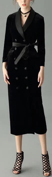 Double-Breasted Velvet Suit-Dress, Black