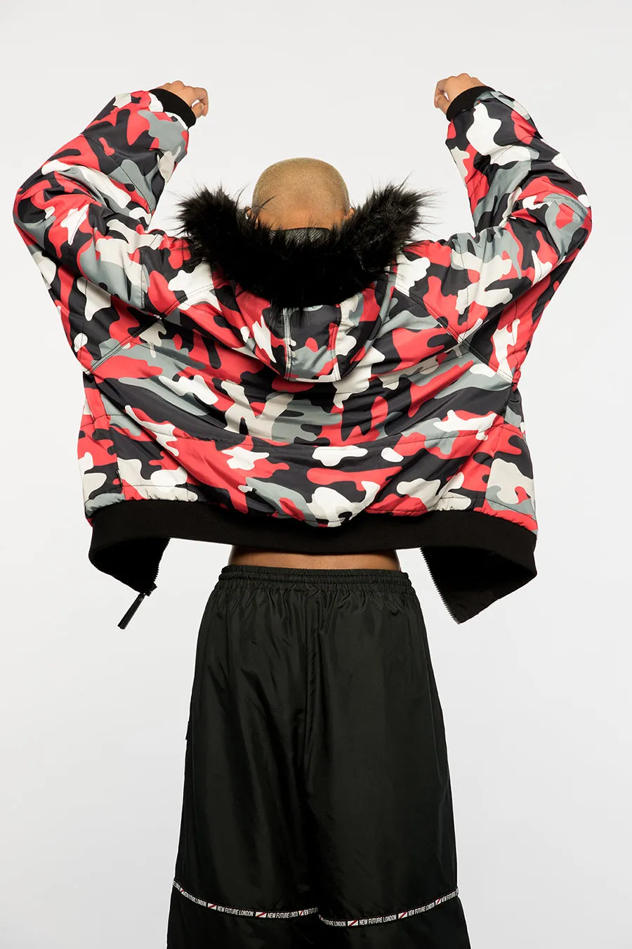 Fur Hood Bomber Jacket (Camo Red)