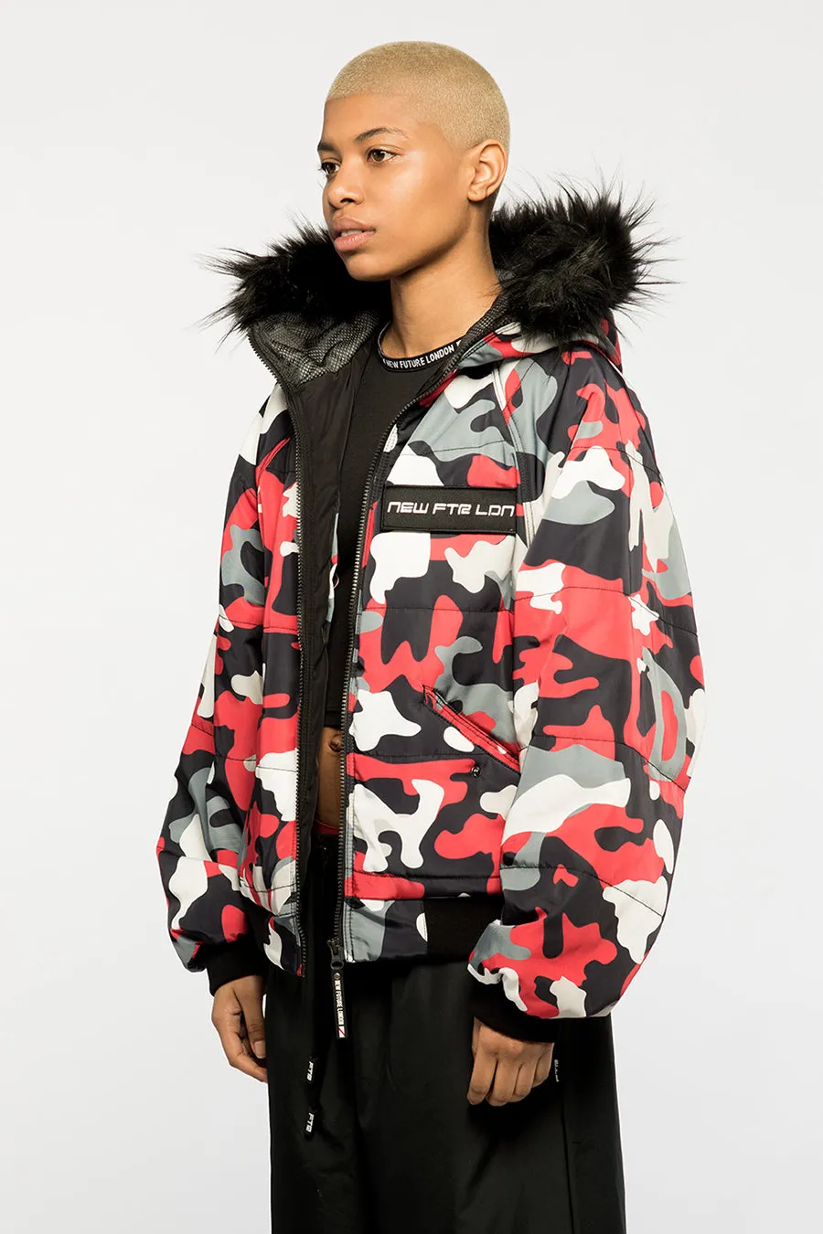 Fur Hood Bomber Jacket (Camo Red)