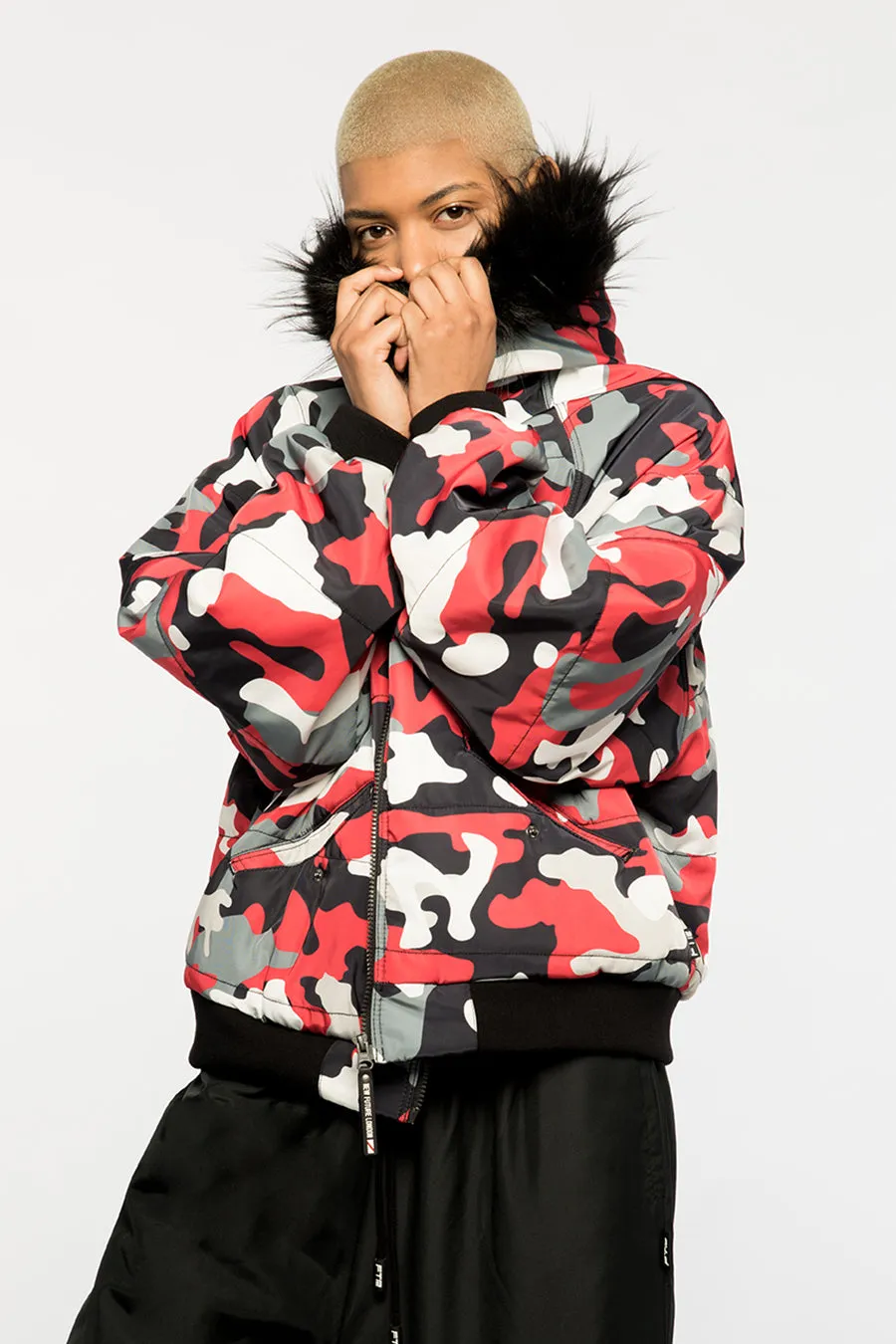 Fur Hood Bomber Jacket (Camo Red)