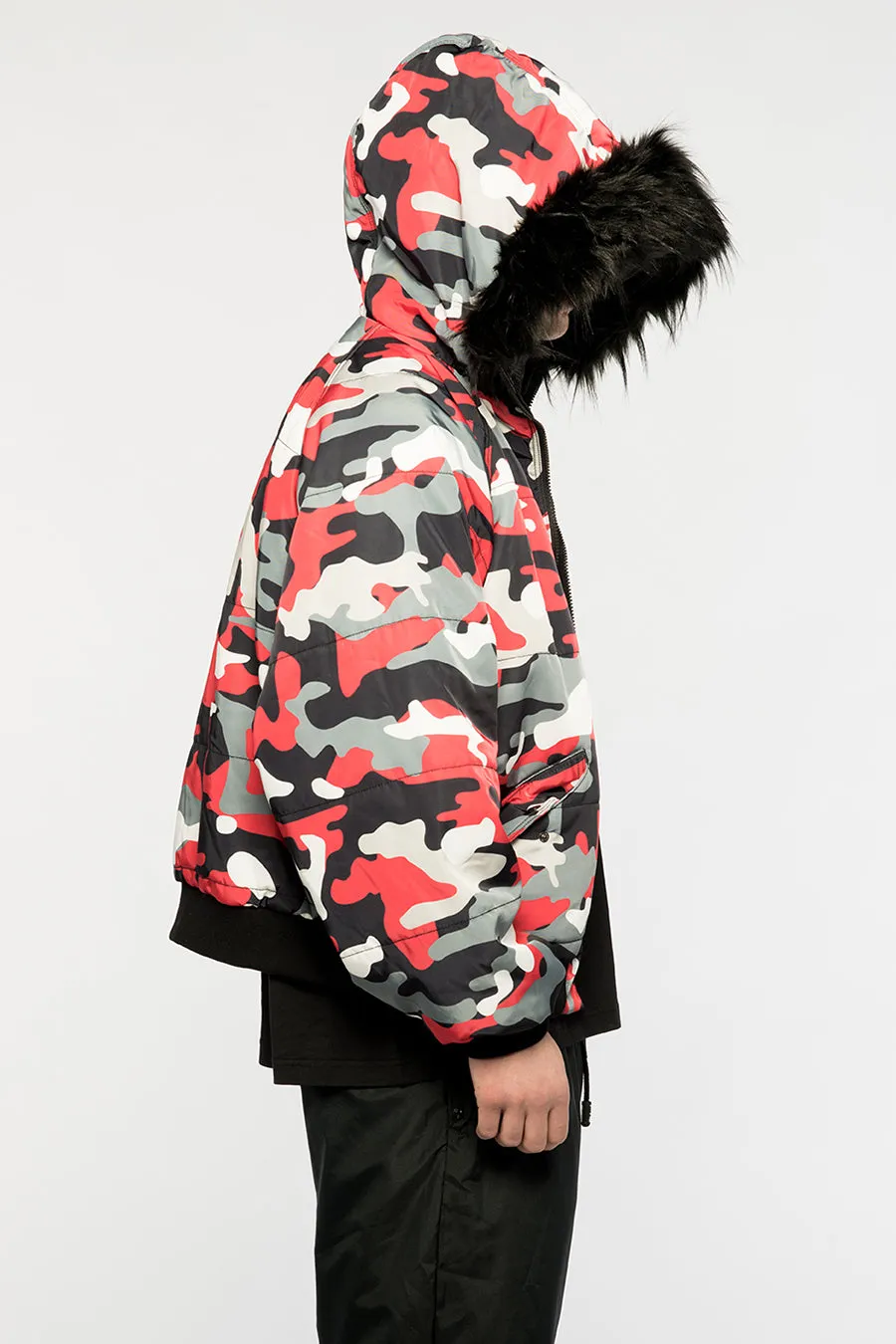 Fur Hood Bomber Jacket (Camo Red)