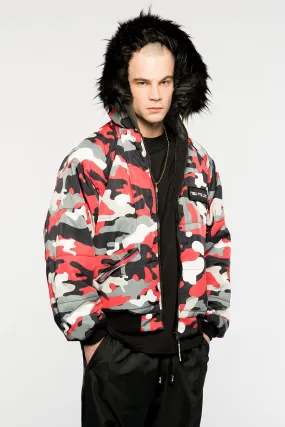 Fur Hood Bomber Jacket (Camo Red)