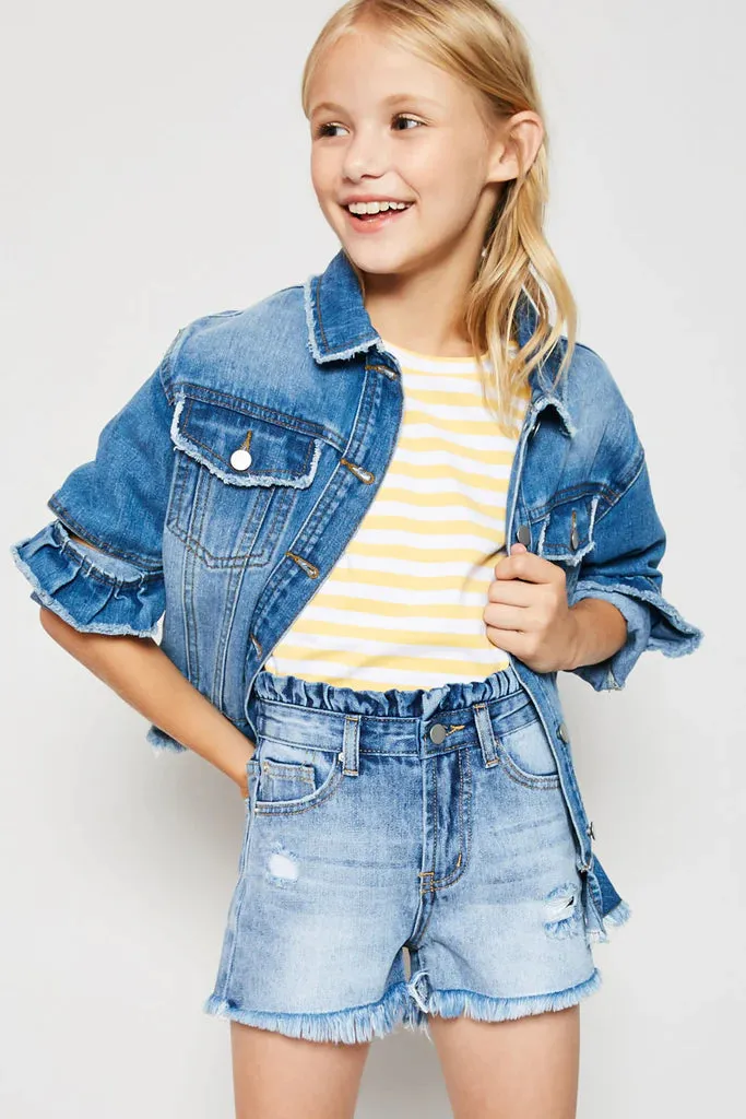 Girls High Waist Distressed Denim Shorts