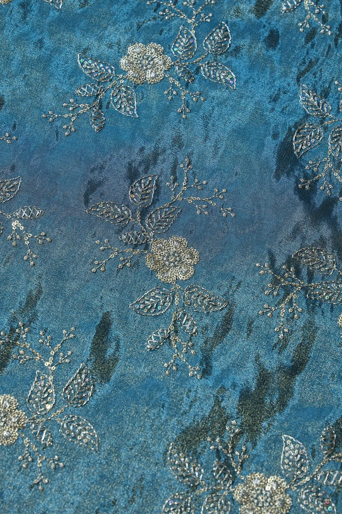 Gold Sequins And Zari Floral Embroidery Work On Turkish Blue Pure Viscose Zari Tissue Fabric