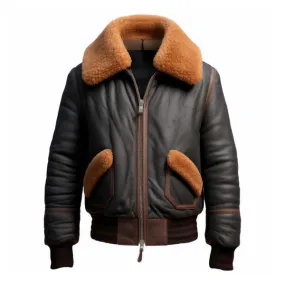 Men's Brown B3 Aviation Faux Shearling Bomber Leather Jacket