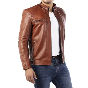 Men's Diamond Style Cafe Racer Tan Leather Jacket