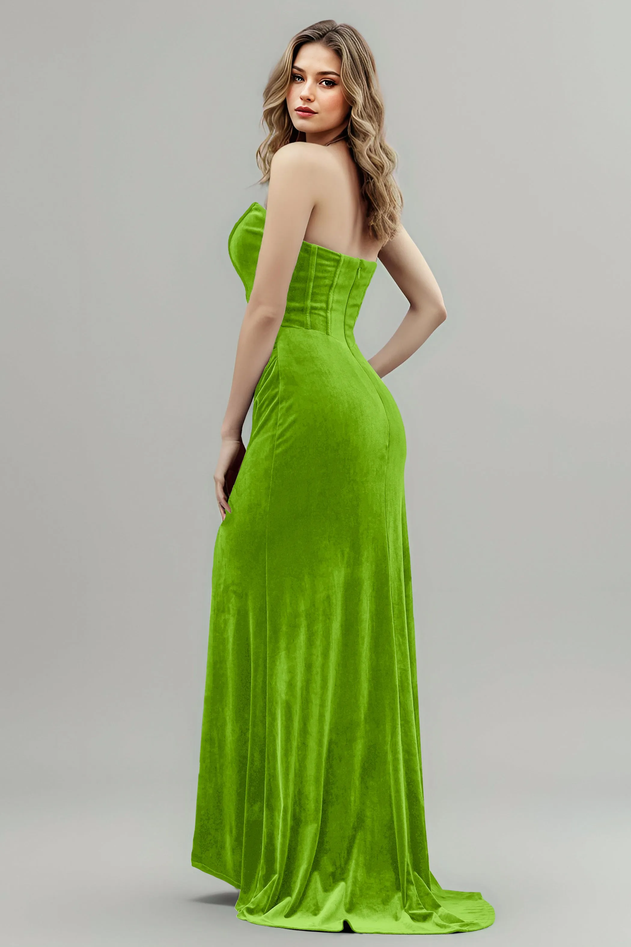 Mermaid Strapless Sleeveless Ruched Velvet Bridesmaid Dresses with Slit