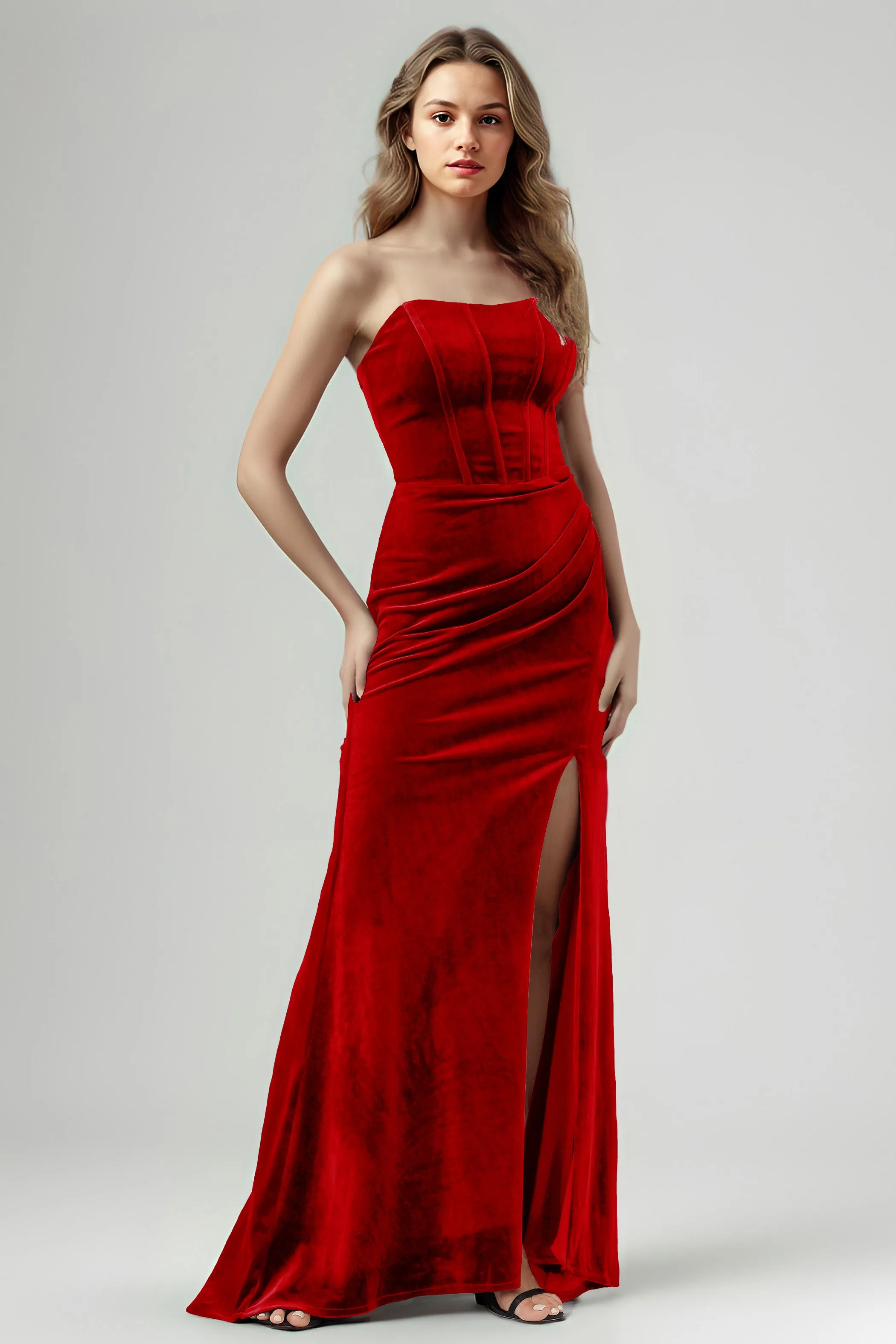 Mermaid Strapless Sleeveless Ruched Velvet Bridesmaid Dresses with Slit