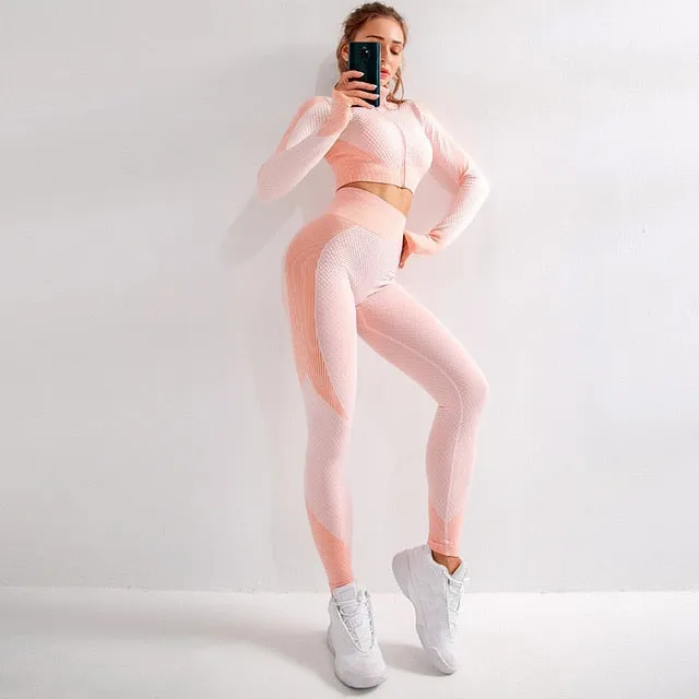 Seamless Workout Yoga Sets Female Sport Gym suit Wear Running Clothes women  Fitness Sport Yoga Suit Long Sleeve   Leggings