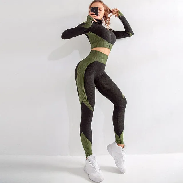 Seamless Workout Yoga Sets Female Sport Gym suit Wear Running Clothes women  Fitness Sport Yoga Suit Long Sleeve   Leggings