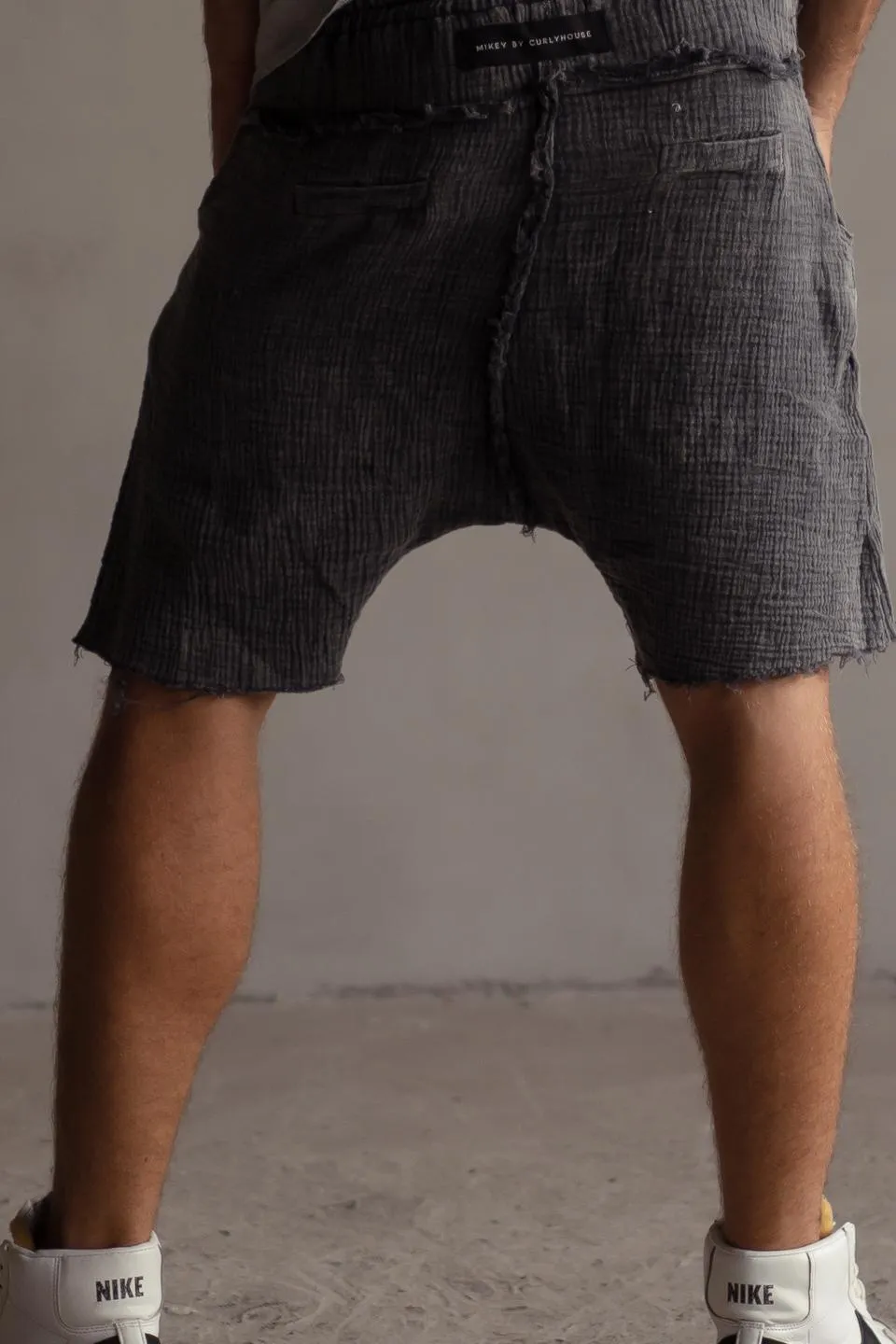 STONEWASHED DROP CROTCH SHORTS