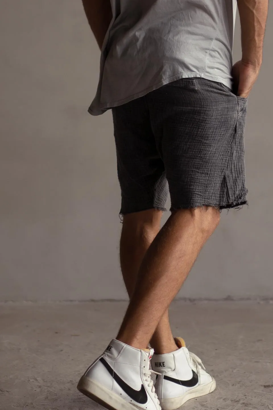 STONEWASHED DROP CROTCH SHORTS