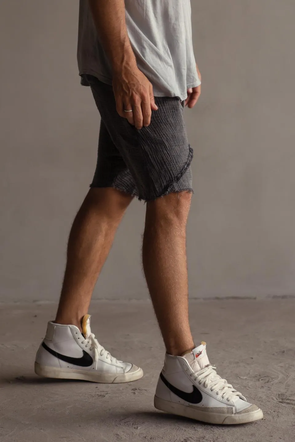 STONEWASHED DROP CROTCH SHORTS