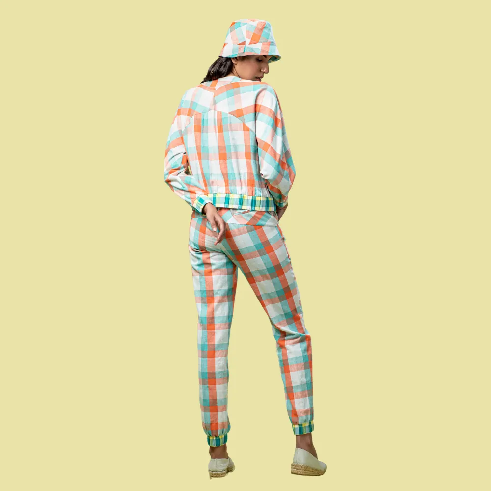 Women Bomber Jacket | Refreshing Coral, Teal & White Check Pattern | Smart Look