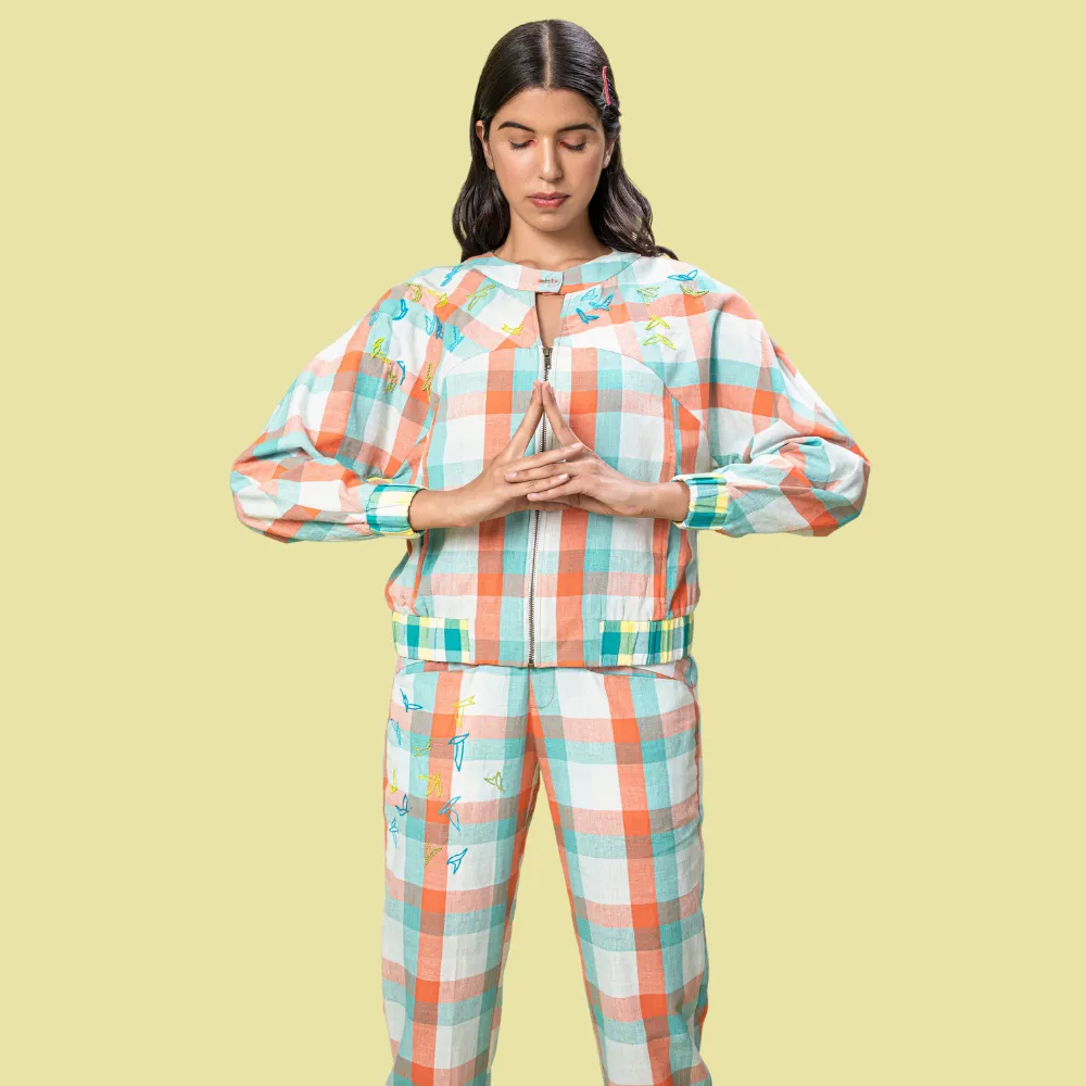 Women Bomber Jacket | Refreshing Coral, Teal & White Check Pattern | Smart Look