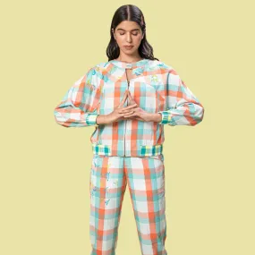 Women Bomber Jacket | Refreshing Coral, Teal & White Check Pattern | Smart Look