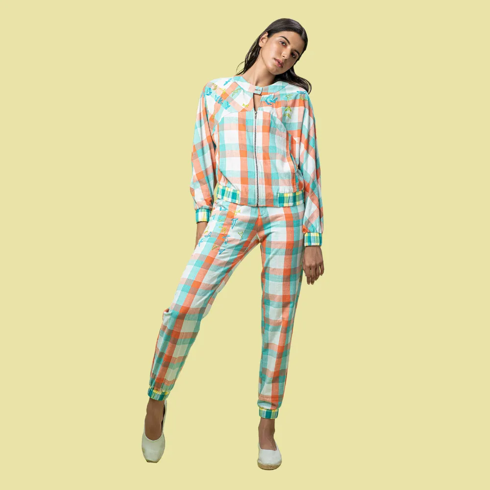 Women Bomber Jacket | Refreshing Coral, Teal & White Check Pattern | Smart Look